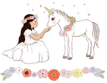 Load image into Gallery viewer, graphic of unicorn wallsticker that has a princess feeding a baby unicorn, stars and a floral garland.
