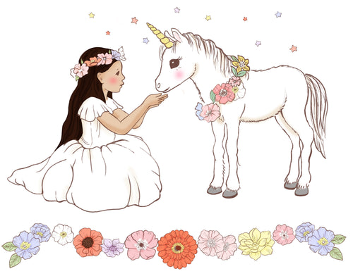 graphic of unicorn wallsticker that has a princess feeding a baby unicorn, stars and a floral garland.