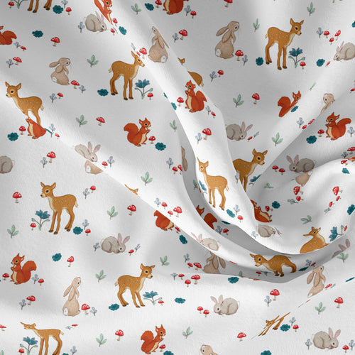 image of forest friends fabric in white colourway