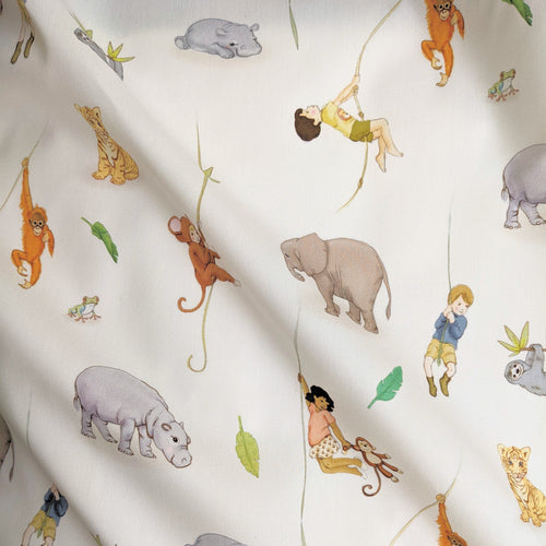 image of jungle fabric by belle and boo illustrations of hippos, monkeys, elephants and children swinging through trees