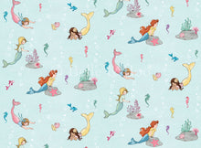 Load image into Gallery viewer, graphic of wallpaper repeat pattern of mermaids swimming under the sea with fish and seahorses.
