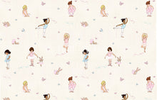 Load image into Gallery viewer, graphic of belle and boo&#39;s ballet fabric design. it has a cream background and illustrations of young girls wearing pink and blue tutus in various ballet positions. there are butterflies flying around them.
