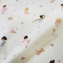 Load image into Gallery viewer, close up detail of belle and boo&#39;s ballet fabric featuring illustrations of ballerinas dancing with butterflies. 
