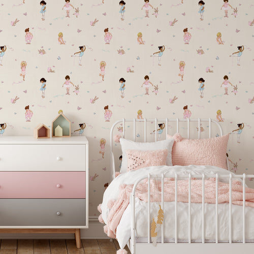 girls bedroom with ballet wallpaper
