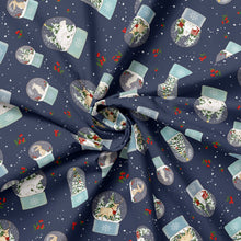 Load image into Gallery viewer, Image of a navy winter or Christmas fabric designed with polar animals inside baby blue snow globes.  
