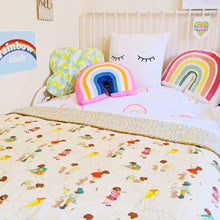 Load image into Gallery viewer, image of child&#39;s bed with a quilt made from classic belle and boo fabric
