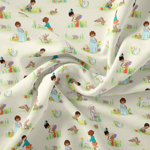 easter egg hunt fabric with children