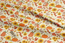 Load image into Gallery viewer, Autumn fabric featuring orange and yellow pumpkins and sunflowers. There are also squirrels, bunnies, and birds
