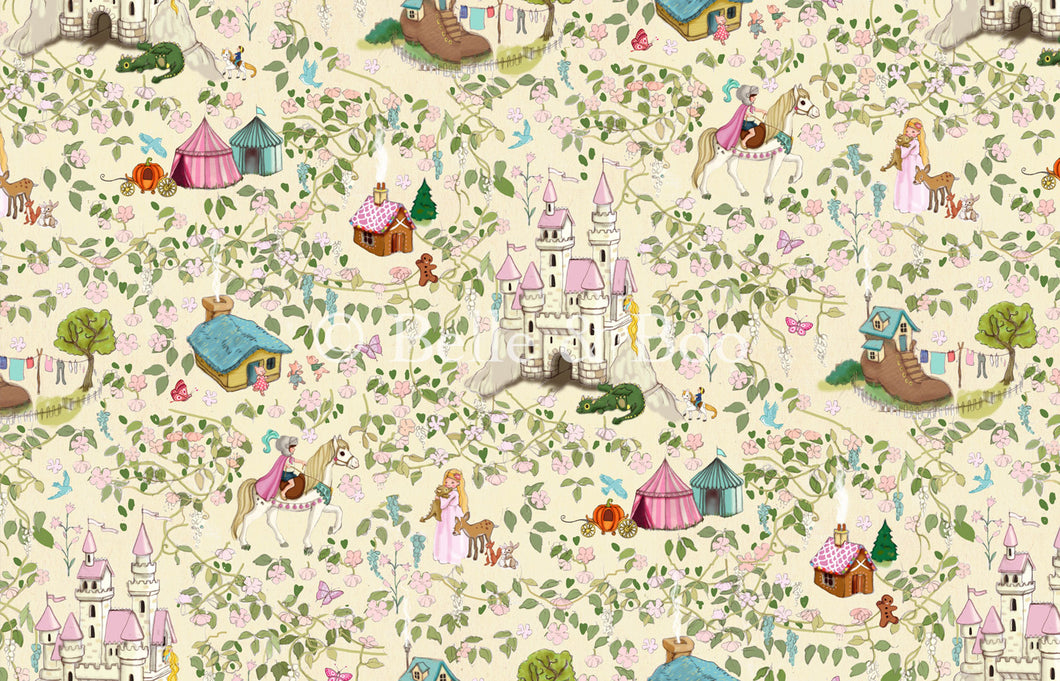 Graphic of fairytale fabric design featuring images from classic nursery rhymes and fables.
