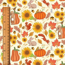 Load image into Gallery viewer, Measurement of autumn and Thanksgiving fabric. Biggest element measures five centimetres.  
