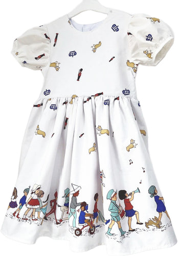 dress with royal motifs and a parade of children at the bottom
