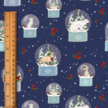 Load image into Gallery viewer, Detail photo of Snow Globe Blue winter and Christmas fabric with ruler. Largest snow globe is approx. 6cm. 
