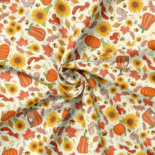 Load image into Gallery viewer, Autumn fabric featuring orange and yellow pumpkins and sunflowers. There are also squirrels, bunnies, and birds
