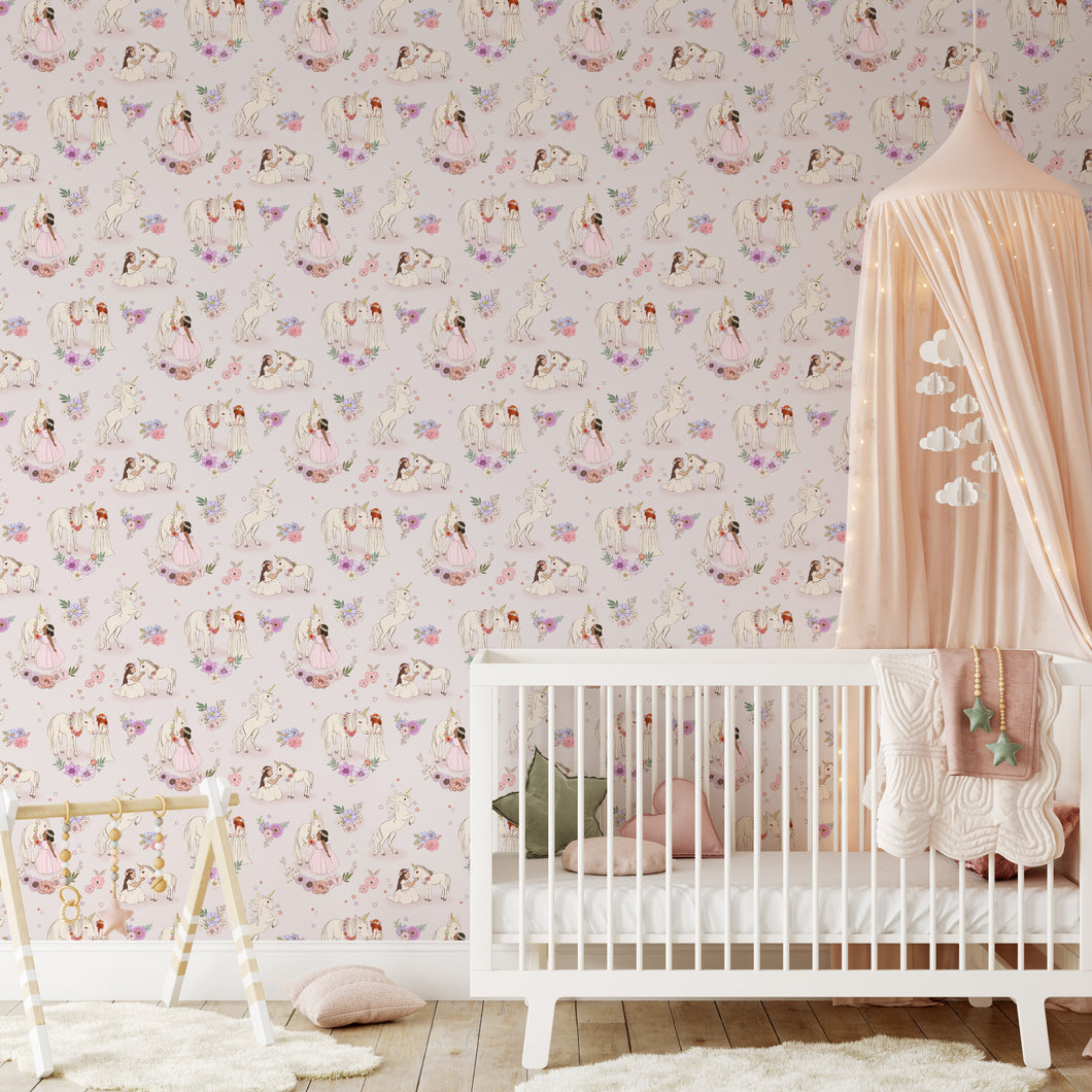 baby girls nursery with unicorn wallpaper